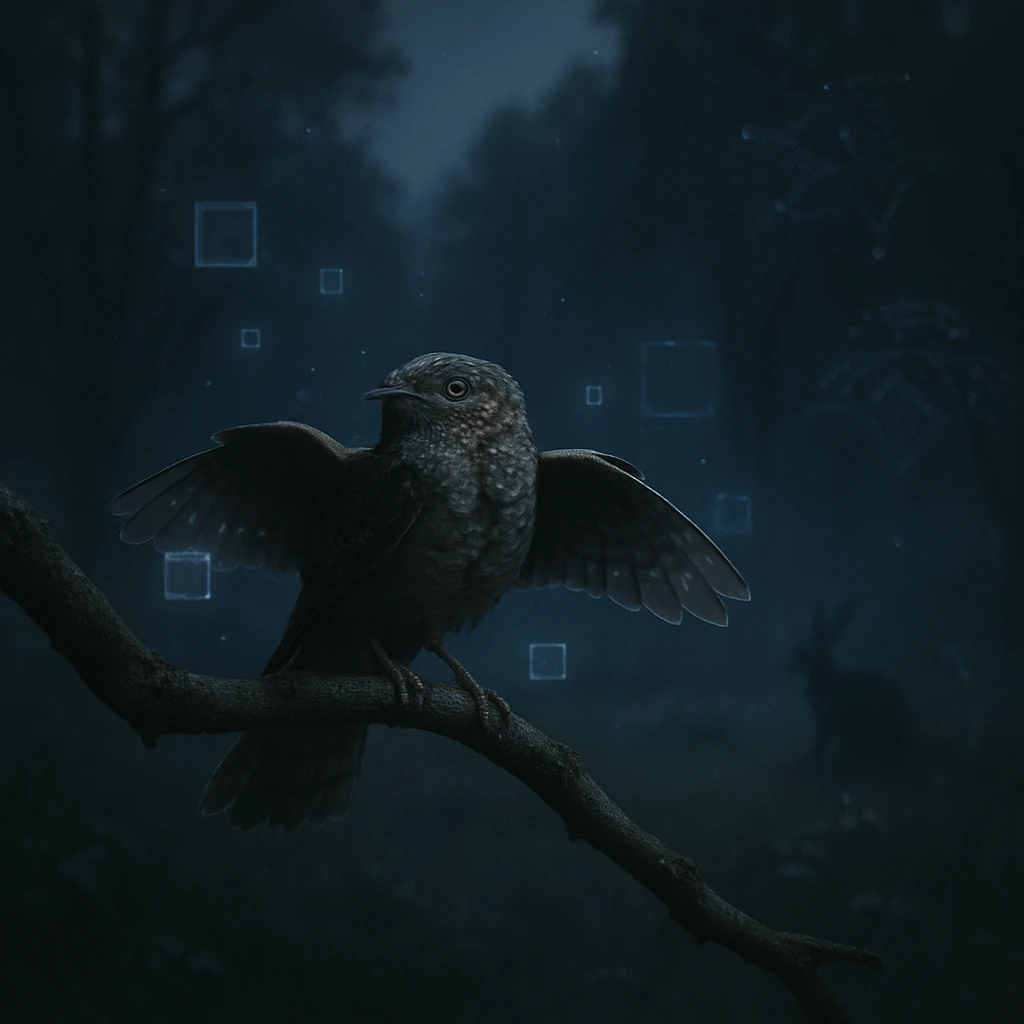 薄暗い森の中、枝にとまったヨタカが羽を広げ、幻想的な光が漂う夜の様子を写した写真。