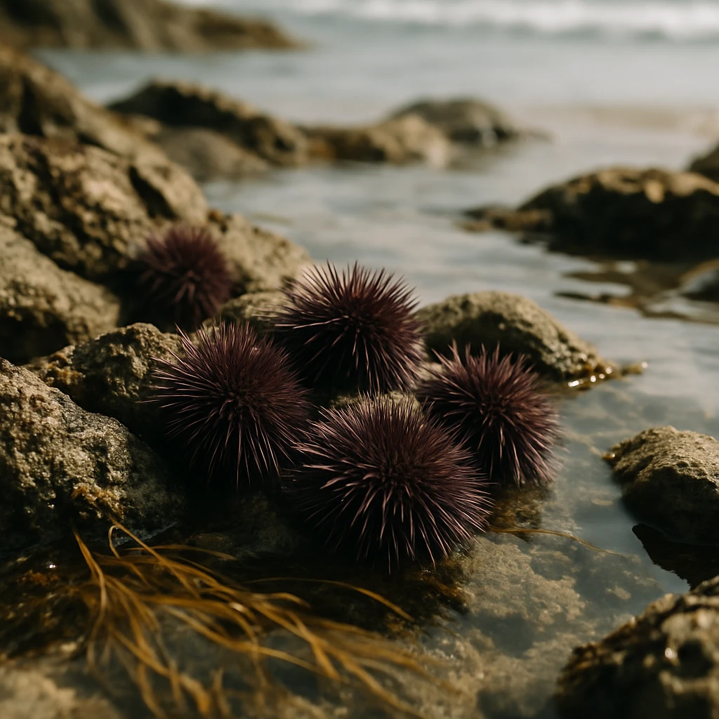 潮溜まりの岩や海藻の間に集まる数匹のムラサキウニを自然光で写した写真。
