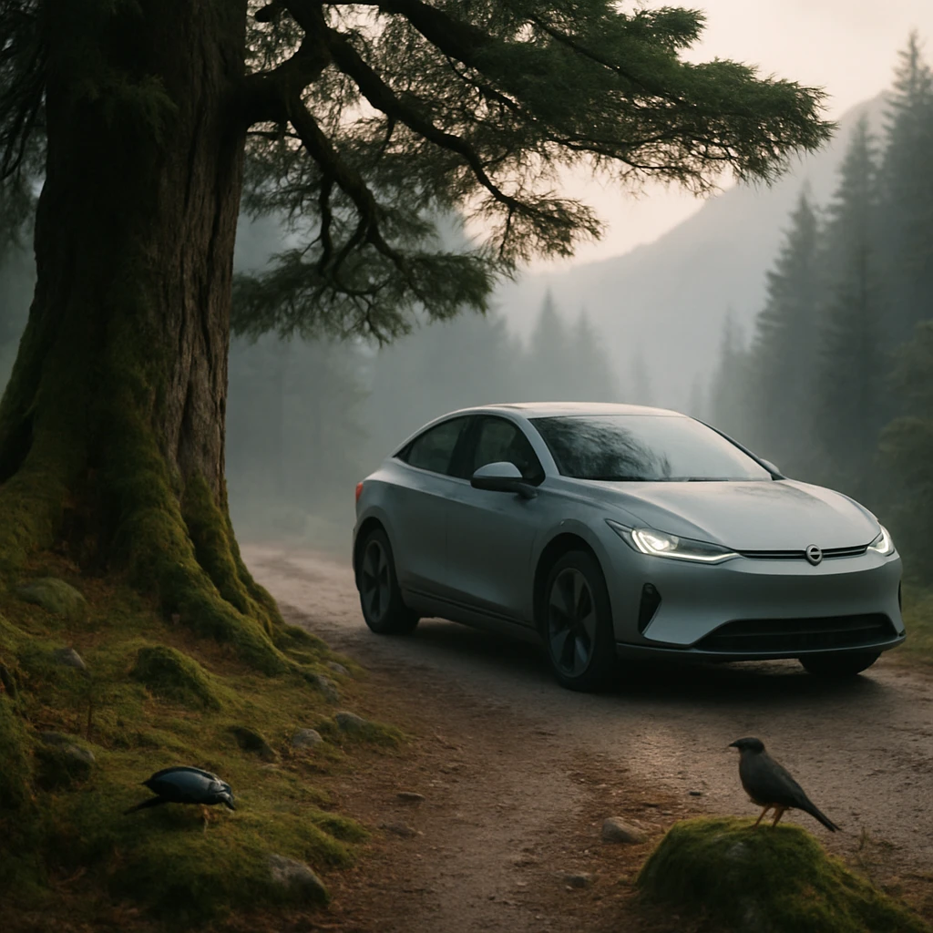 朝靄が立ち込める山間の小道で、巨大な老杉の下をゼロウェイスト電気自動車が静かに通る様子。