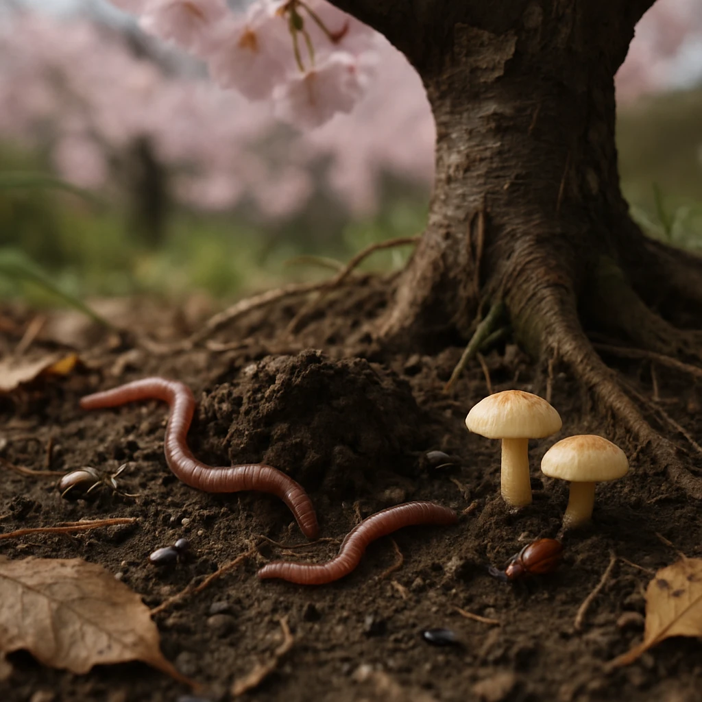 桜の根元の土の中でミミズや小さな昆虫、キノコなどが集まっている様子を地表すれすれから写した写真。