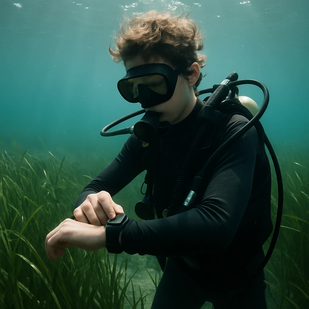 水中でアマモの群生地上を泳ぎながらスマートウォッチを確かめている若いダイバーの写真。