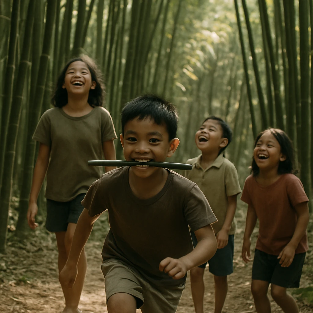 竹林の中で子供が竹をくわえて走り、他の子供たちが楽しそうに遊んでいる様子の写真です。