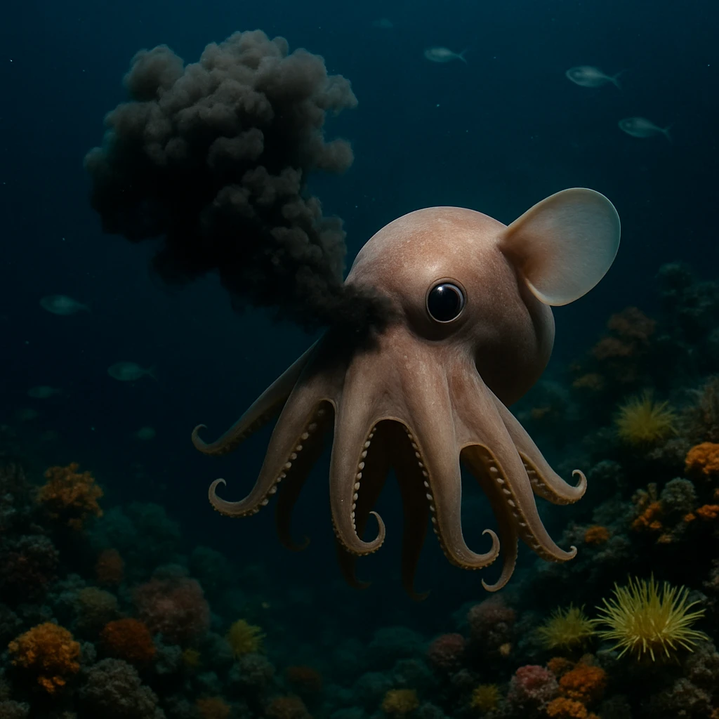 深海のサンゴ礁でイカが墨を使ってアートパフォーマンスをしている様子を、周囲の魚やイソギンチャクとともに捉えた写真。