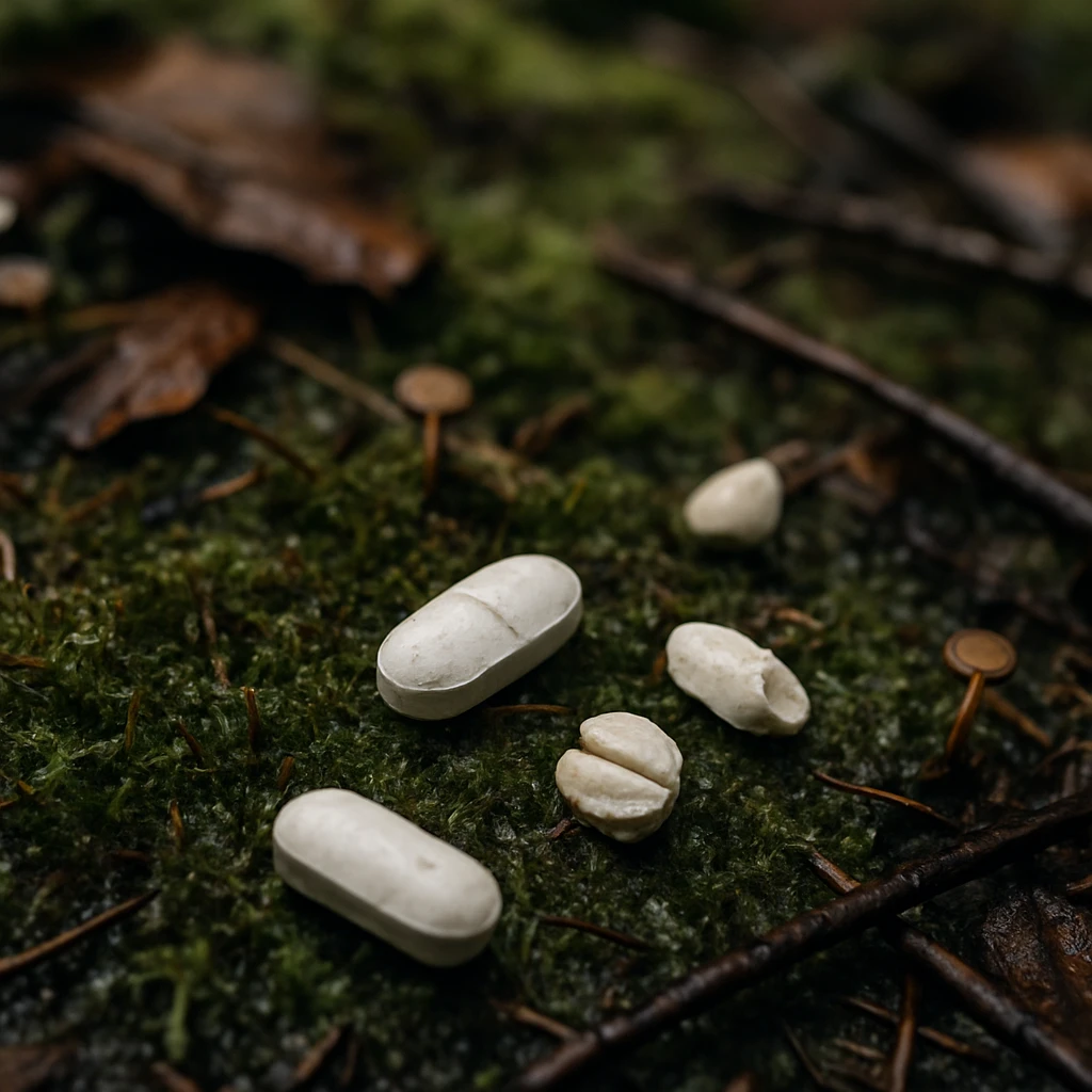 雨上がりの苔むした森の地面に、落ち葉や薬の錠剤片、小さなきのこが点在している様子。