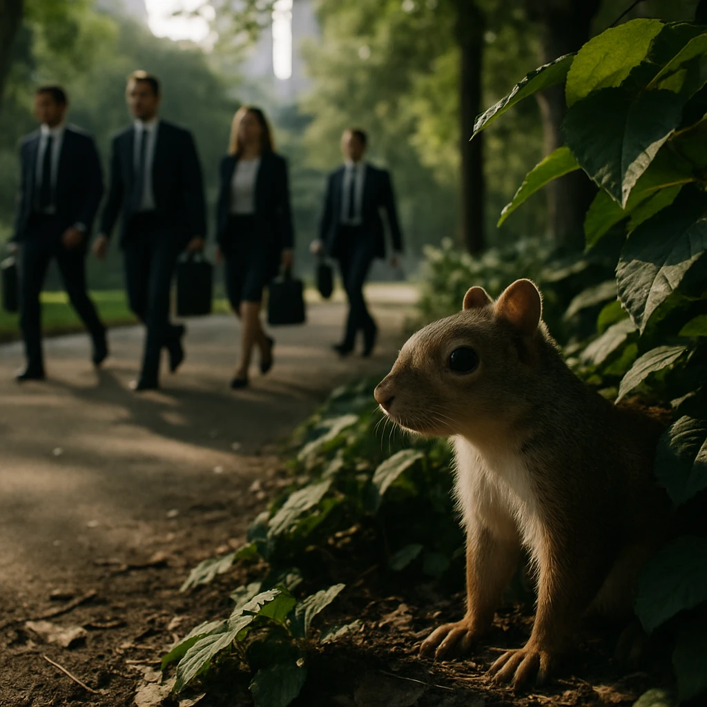 公園の木陰からスーツ姿の人々を見つめるリスのリアルな写真。