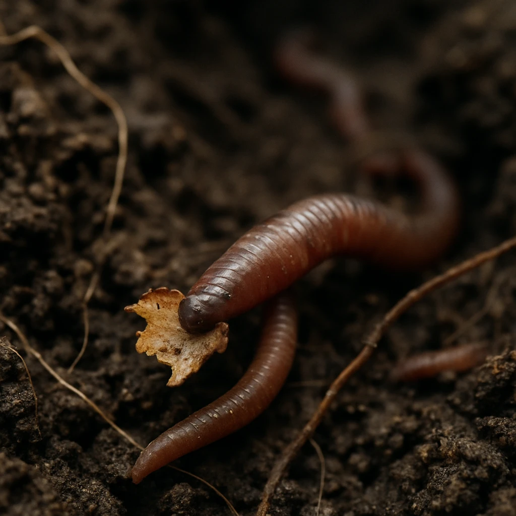 湿った土の中で落ち葉を運ぶミミズが写っている写真です。