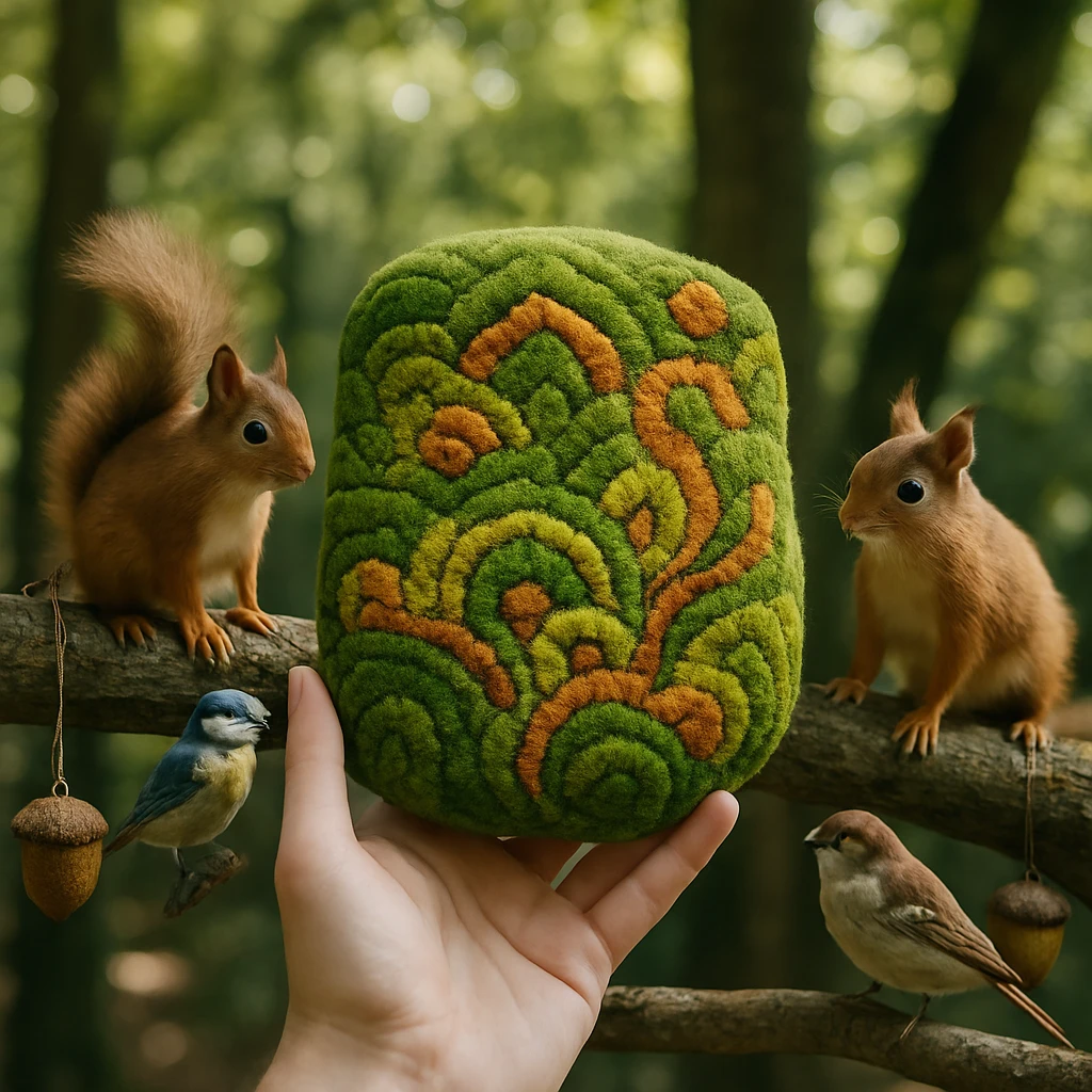 樹上の枝に苔で作られたカラフルな模様が展示され、リスや小鳥たちが集まっている森のギャラリー風景。