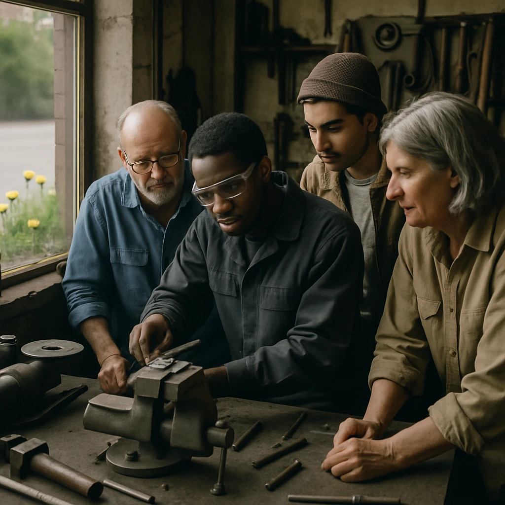 都市の片隅にある小さな金属工房で、世代の異なる人々が協力し合って作業し、窓際の歩道にはタンポポが咲いている様子。