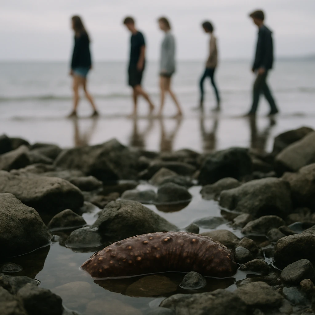 潮だまりの岩陰にいるナマコと、遠くの波打ち際を歩く若者たちの後ろ姿がぼんやり映る写真。