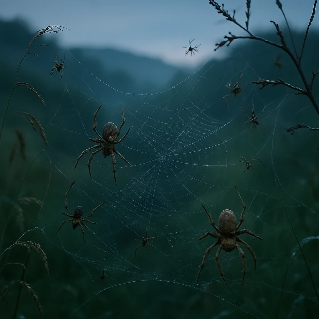 朝もやの丘陵で、複数の蜘蛛が草や枝に張った糸の上に集まっている様子。
