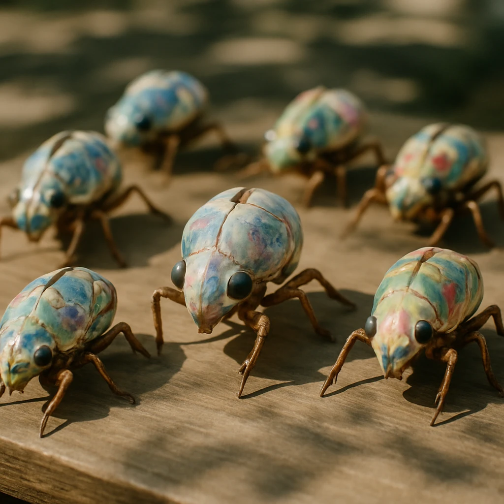 色鮮やかな水彩で彩られたセミの抜け殻が木の板の上に並ぶ様子を捉えた写真。