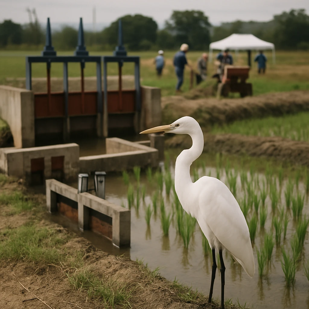 新しい水門と人々の作業風景を背景に、田んぼの端でたたずむサギの写真。