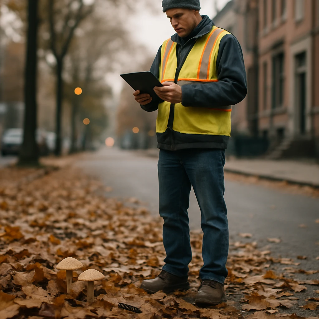 秋の落ち葉が積もる街路で、作業員がタブレットを操作している様子と、その葉陰にいるキノコとスズムシ。
