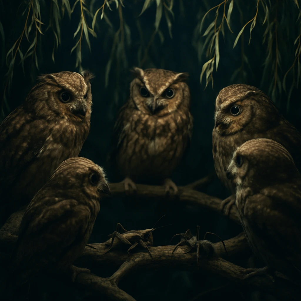 ヤナギ林の夜、枝に集まり話し合うフクロウたちとスズムシ、クモの姿をとらえた写真。