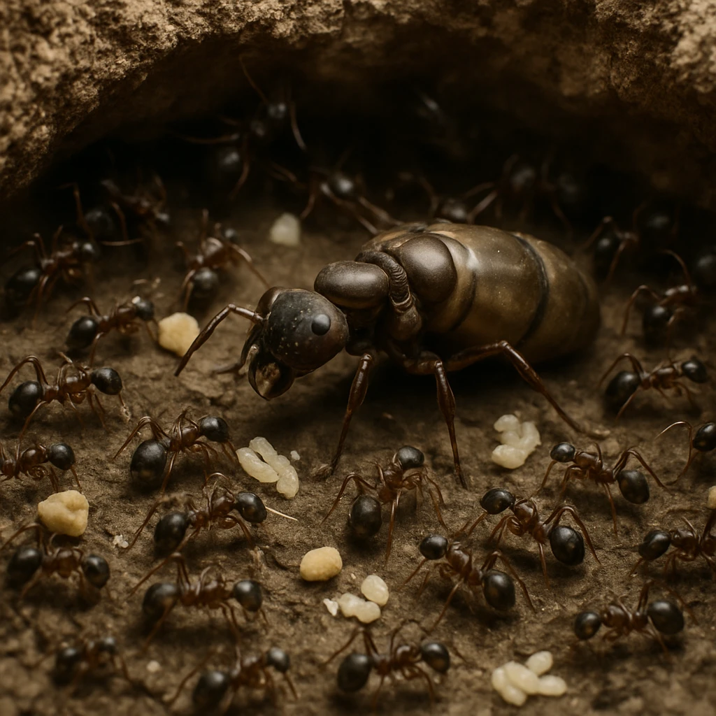女王アリが地中の巣穴で多数の働きアリに囲まれている様子をリアルに写した写真。