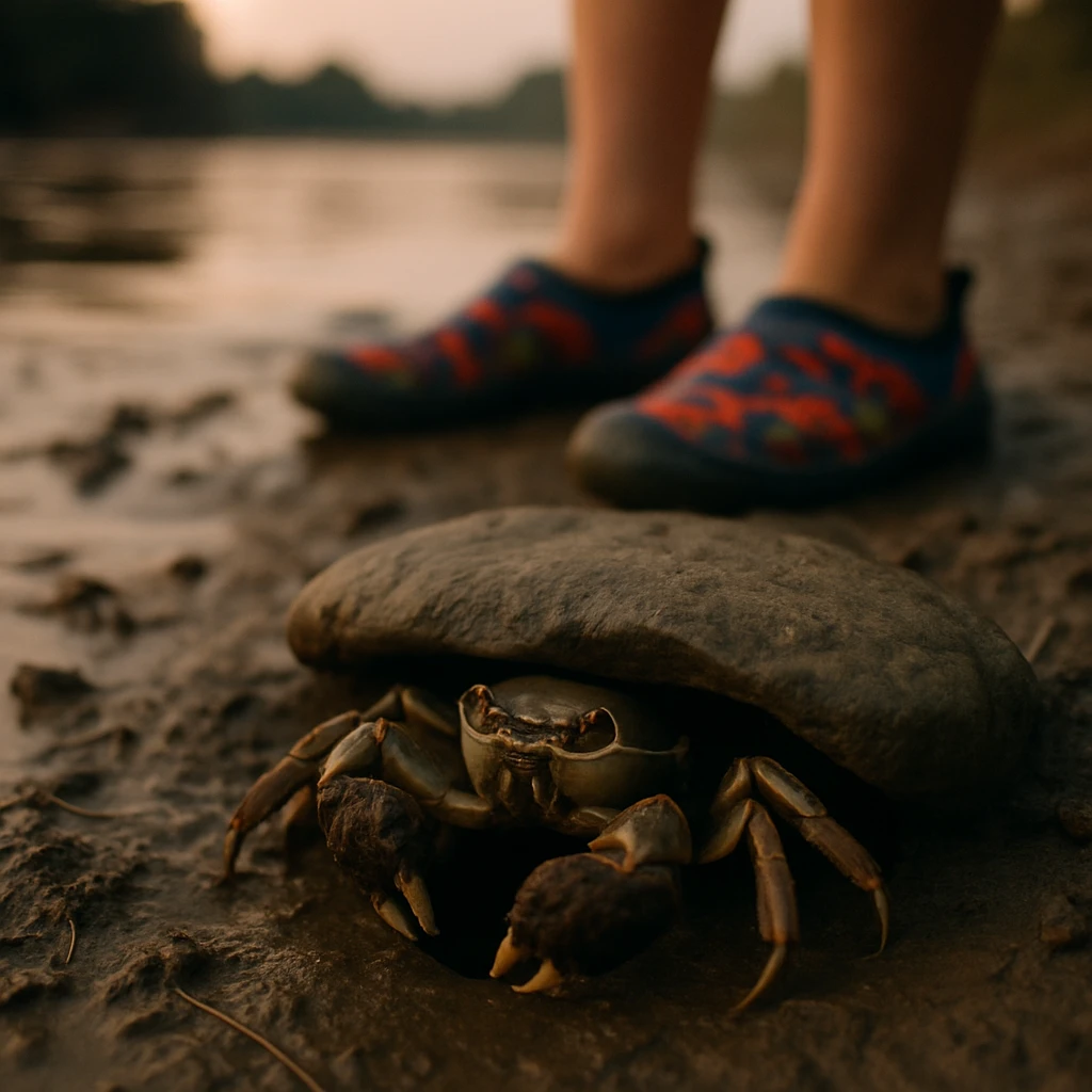 河口の泥の川辺で石の下から顔を出すモクズガニと、その近くを通るカラフルなウォーターシューズを履いた人間の足の写真。