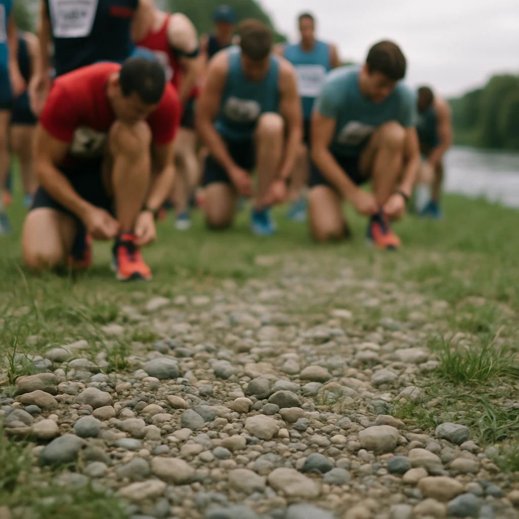 河川敷のマラソンスタート地点で、小石越しに参加者の足元とカラフルなランニングシューズがぼんやり見える低いアングルの実写写真。