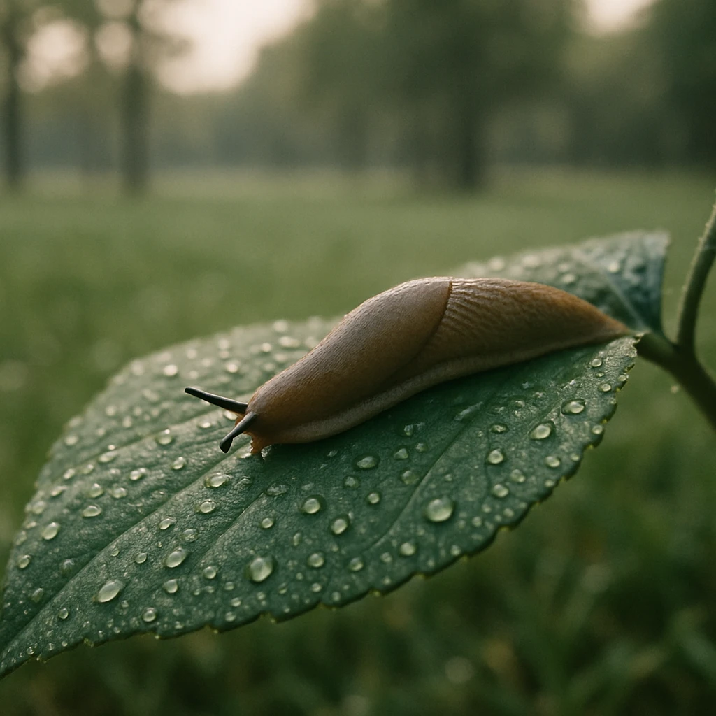 朝露に濡れた葉の裏を静かに進むナメクジのクローズアップ写真。