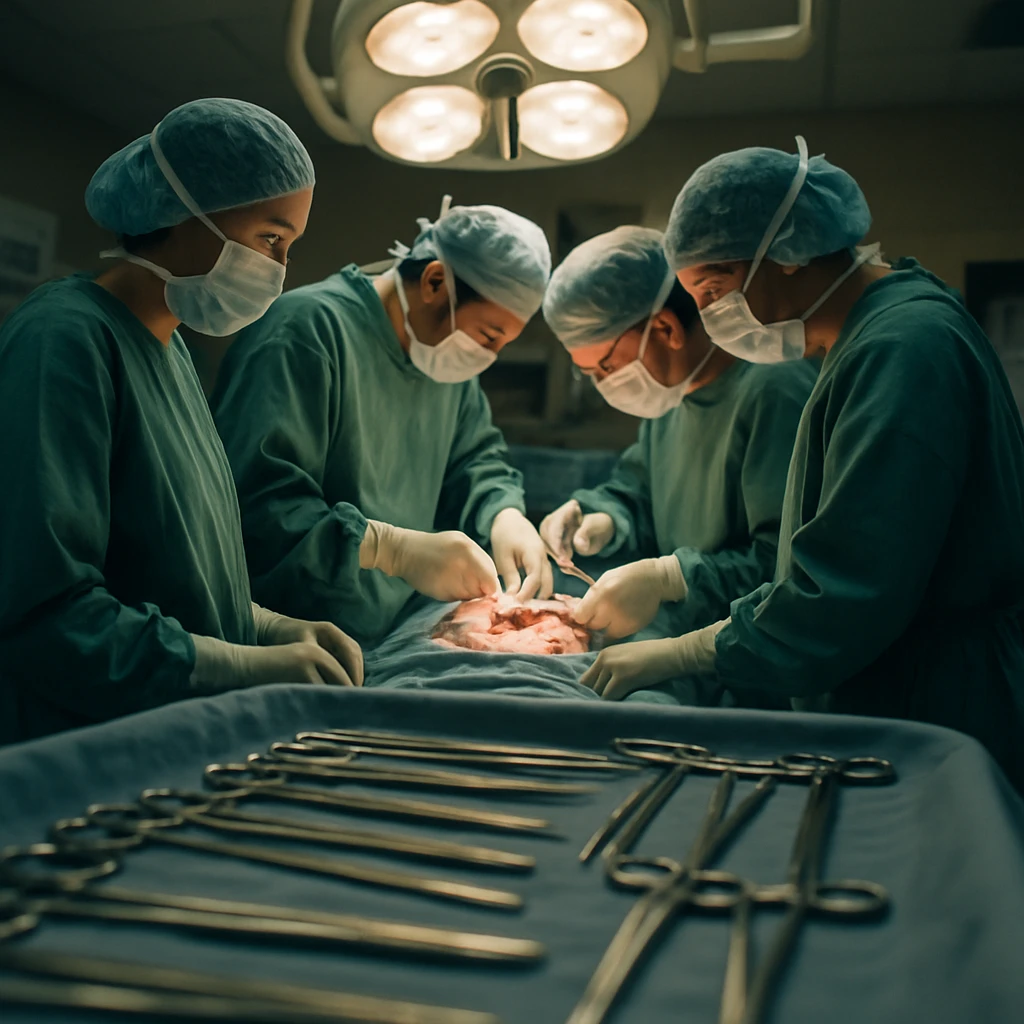 手術室の床近くから見た心臓手術中の医療スタッフたちと手術器具が並ぶ光景。