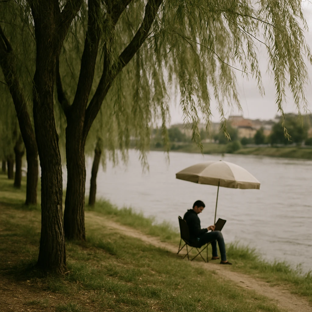 川辺のヤナギ並木の手前にそよぐ枝葉と、背景でパラソルの下でノートパソコン作業をする人の様子。
