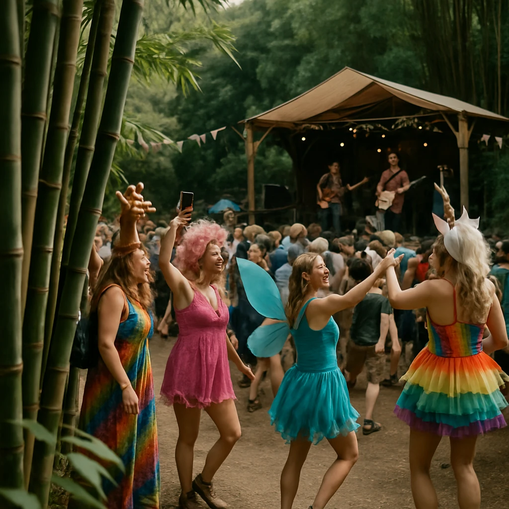 竹林のすぐそばでカラフルな衣装の人々が踊りや撮影を楽しむ音楽フェスの様子。