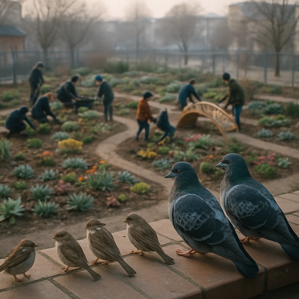 冬の早朝、都市の屋根の上で集まるハトとスズメ、その下で人々が庭に草花や多肉植物を植えている様子。