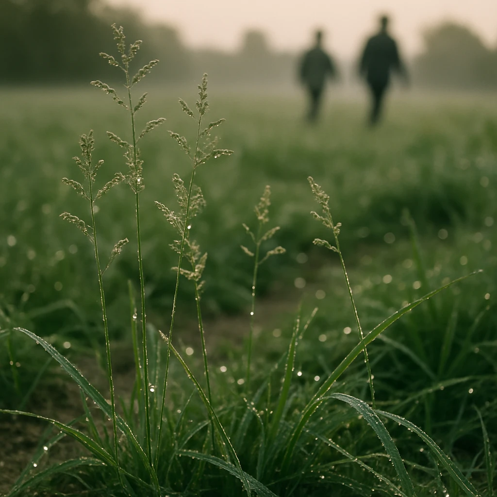 朝露に濡れたスズメノカタビラが草原の中で光を受けて輝いている様子。