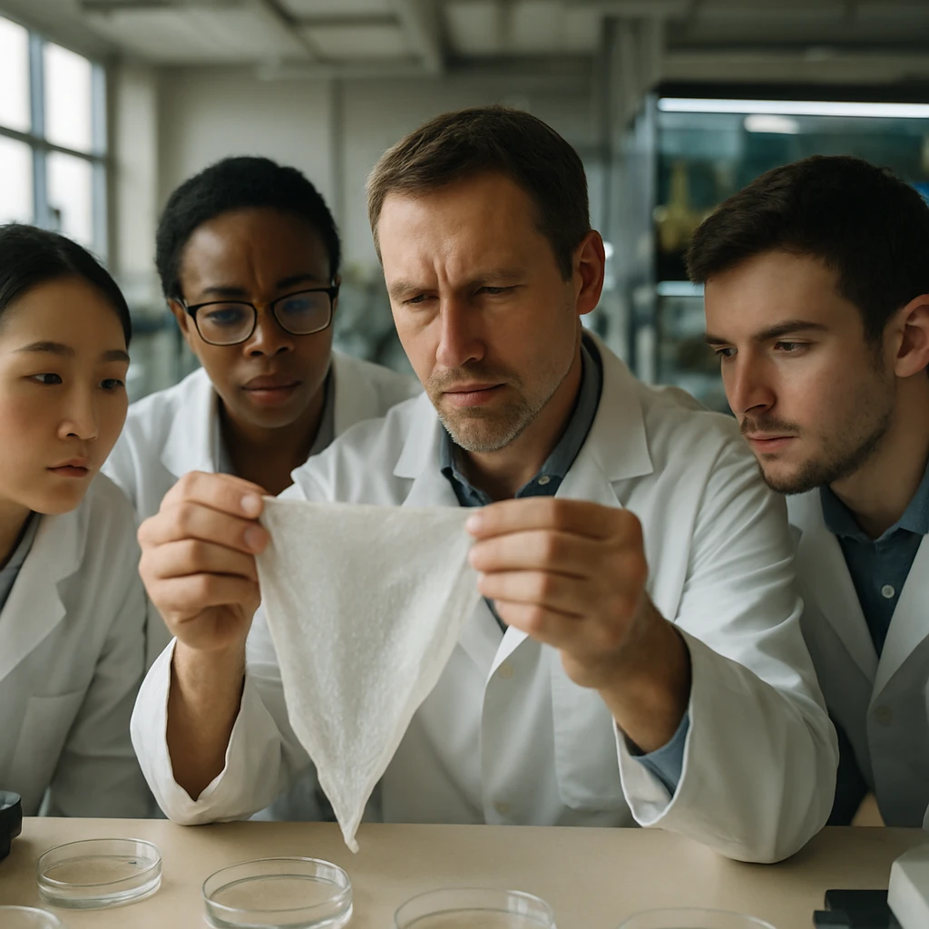 研究者たちが薄いマリンスパイダーシルクシートを実験室で確認している様子。