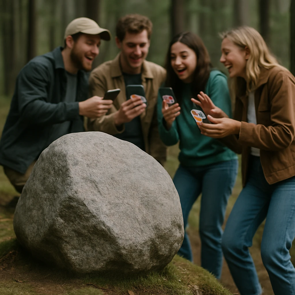 苔むした林の中で静かに佇む花崗岩と、近くでスマートフォンにスタンプを送り合って盛り上がる人々の様子。