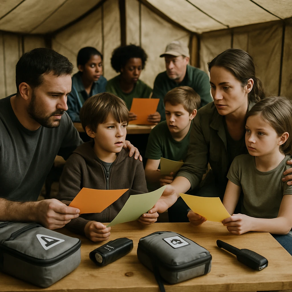 防災キャンプで木製テント内に集まり、カラフルな紙を手に真剣な表情で話し合う大人と子供たちの様子。