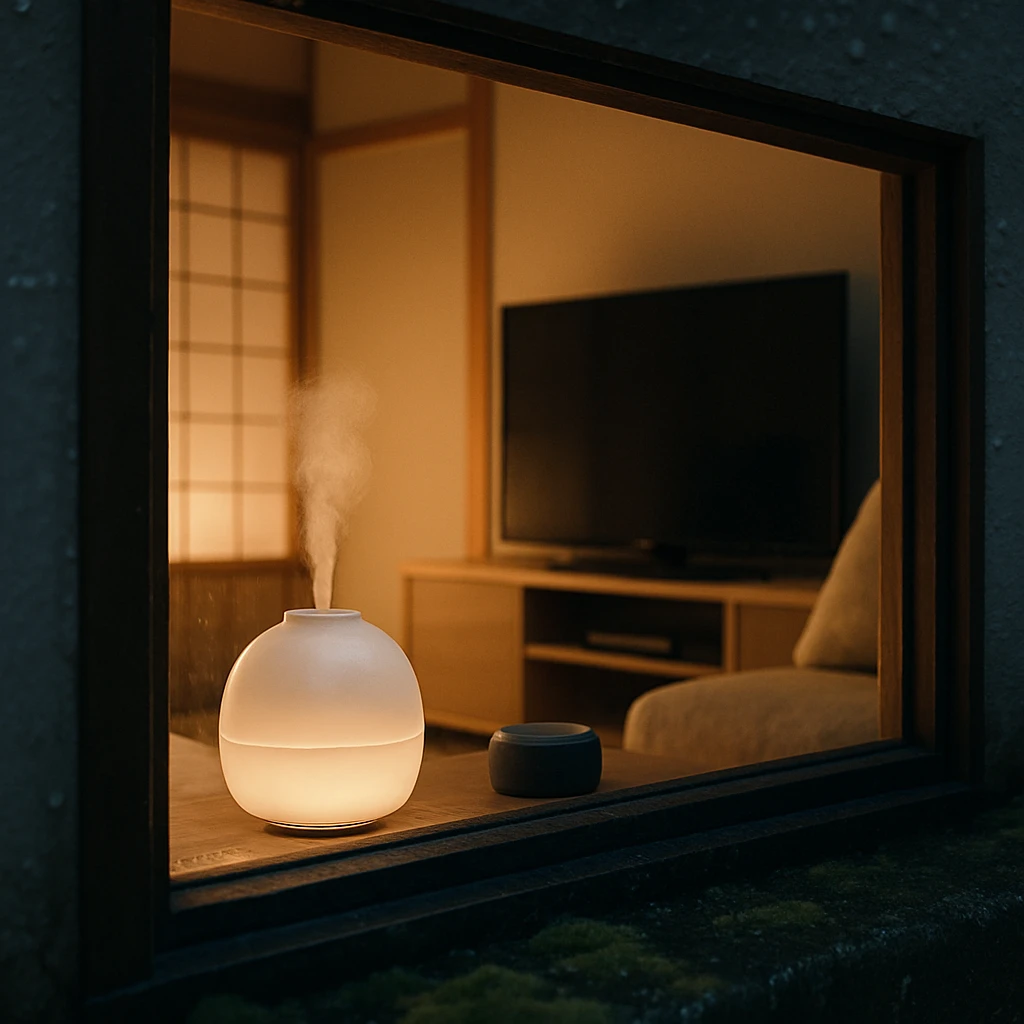 苔が付着した石の上から室内の家電製品群を窓越しに見守る風景。