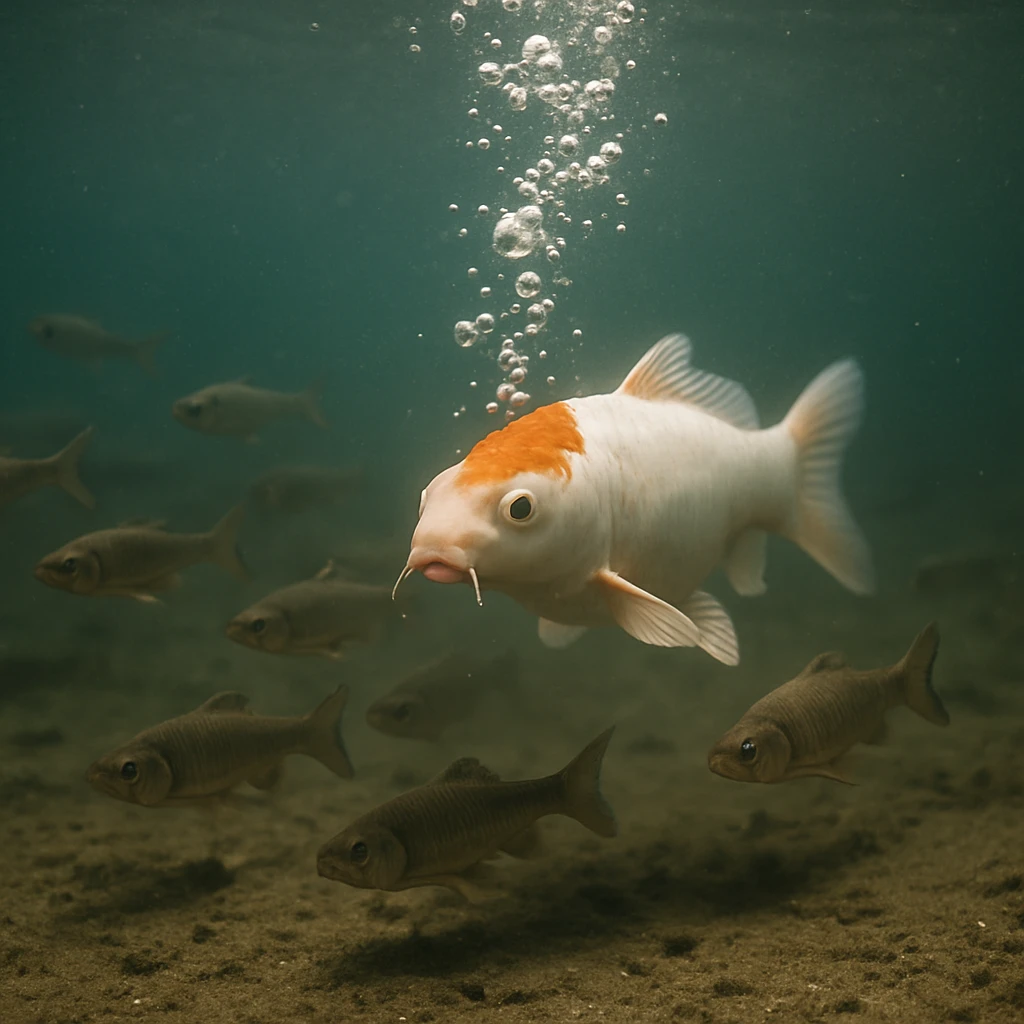 湖底の泥の上で泡に囲まれた数匹の淡水魚と、泡を出す目立つコイが泳ぐ様子のリアルな写真。