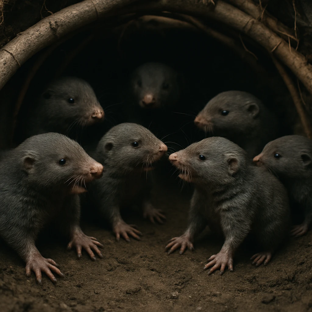 地下の土の中で竹の根に囲まれて集まる数匹のモグラたちのリアルな写真。