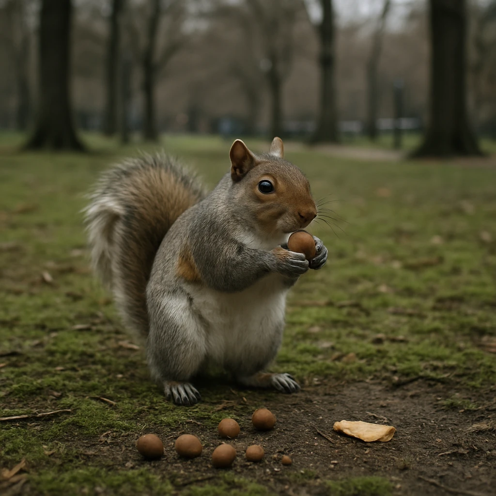 公園の奥にある苔むした森の地面で、どんぐりとパンくずのそばに立ち止まるリスの姿が写っています。