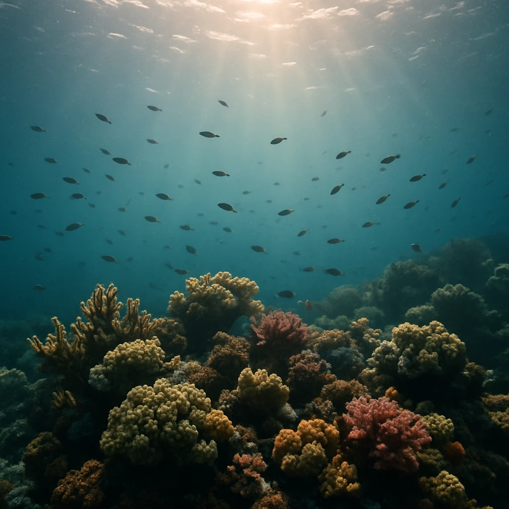 サンゴ礁とその間を泳ぐ小魚たちを海底から見上げ、朝日の光が水中に差し込む様子。