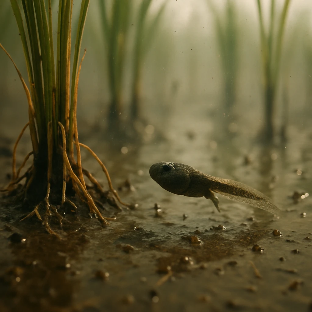 水田の泥の底から稲の根の間を泳ぐオタマジャクシをアップで捉えた写真。