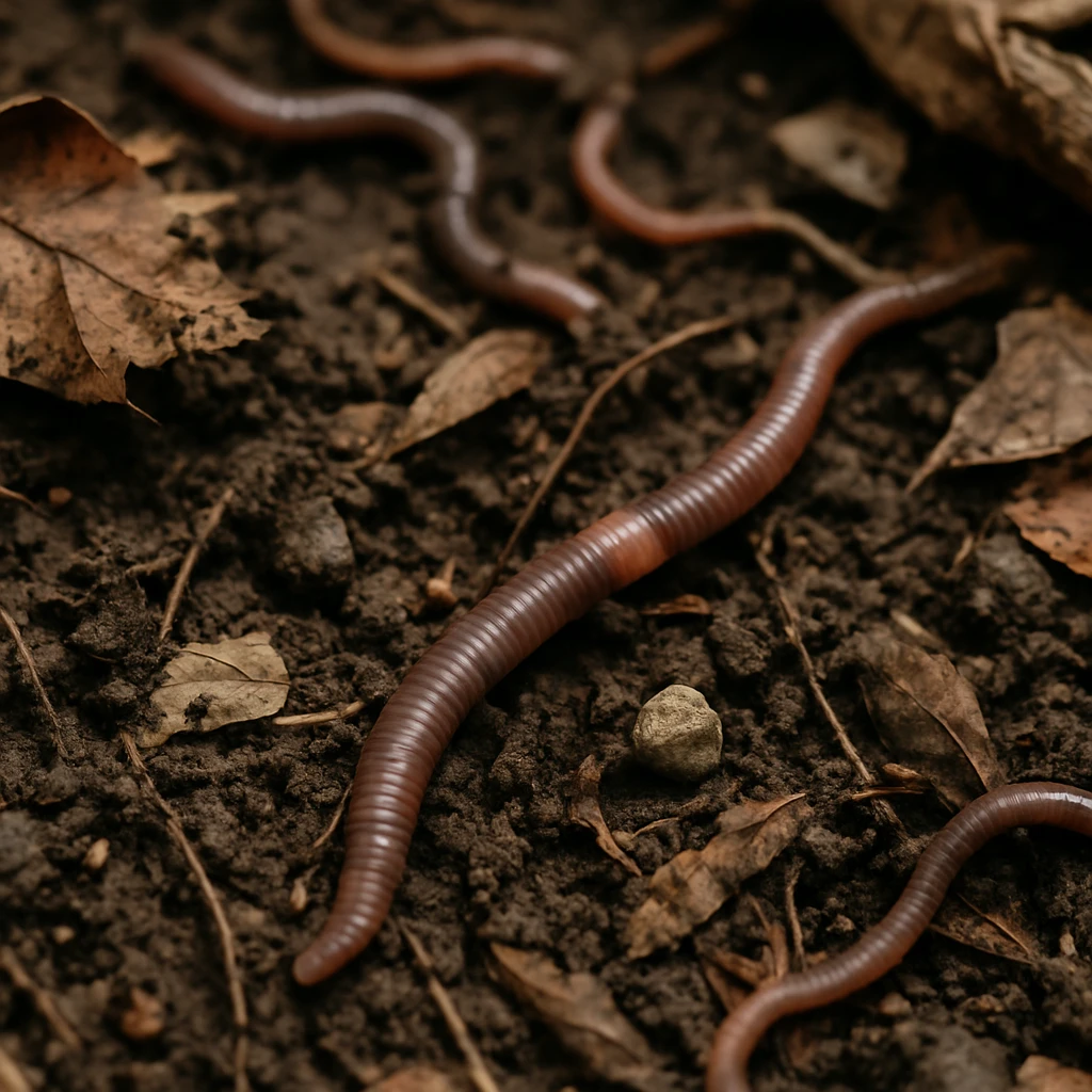 湿った土壌の中で落ち葉や有機物に囲まれた数匹のミミズが動いている写真。