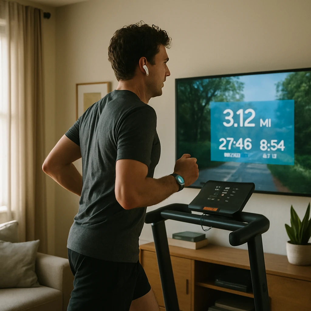 明るいリビングでランニングマシンを使い、イヤホンと光るフィットネストラッカーを装着して画面を見つめる人の写真。