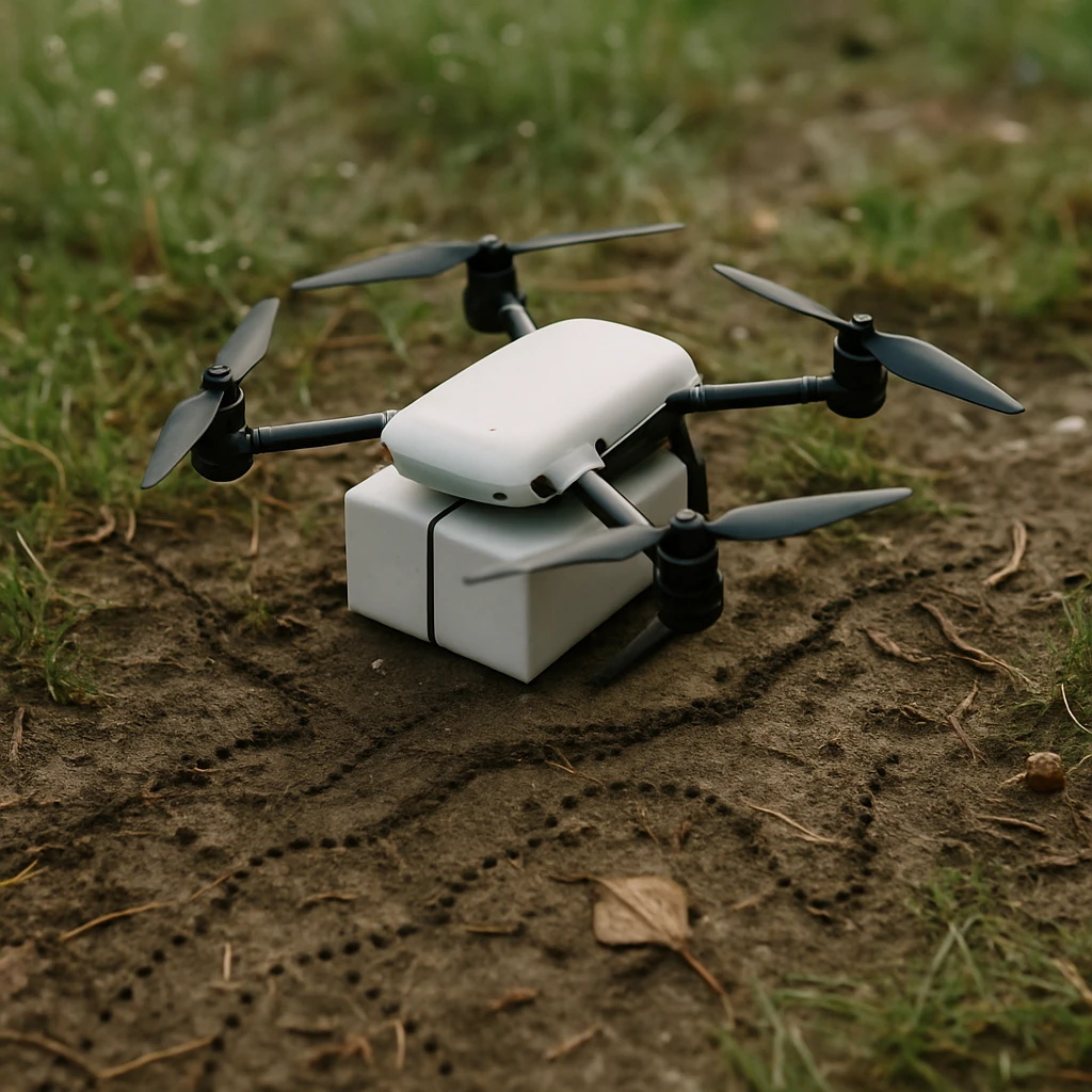 野原の草むらで小型ドローンとアリの行列、ミミズやナメクジの痕跡が見える情景。