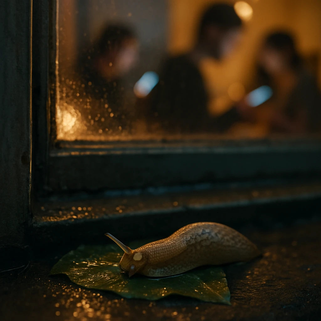 雨上がりの窓辺で葉の上にいるナメクジと、室内でスマートフォンを使う人々のシルエットがぼんやり映る様子。