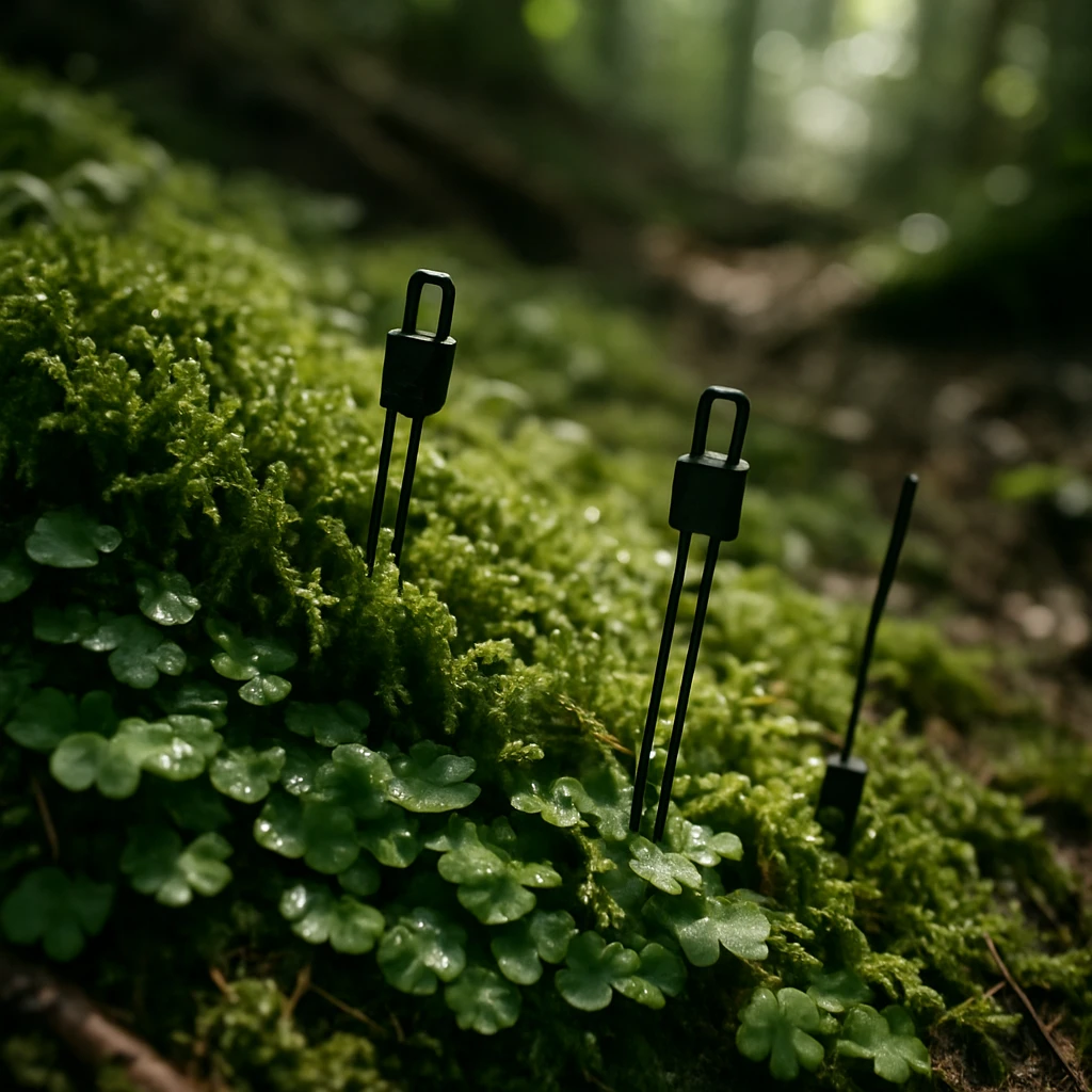 森の林床で苔やゼニゴケの間に小型センサーが設置されている様子の接写写真。