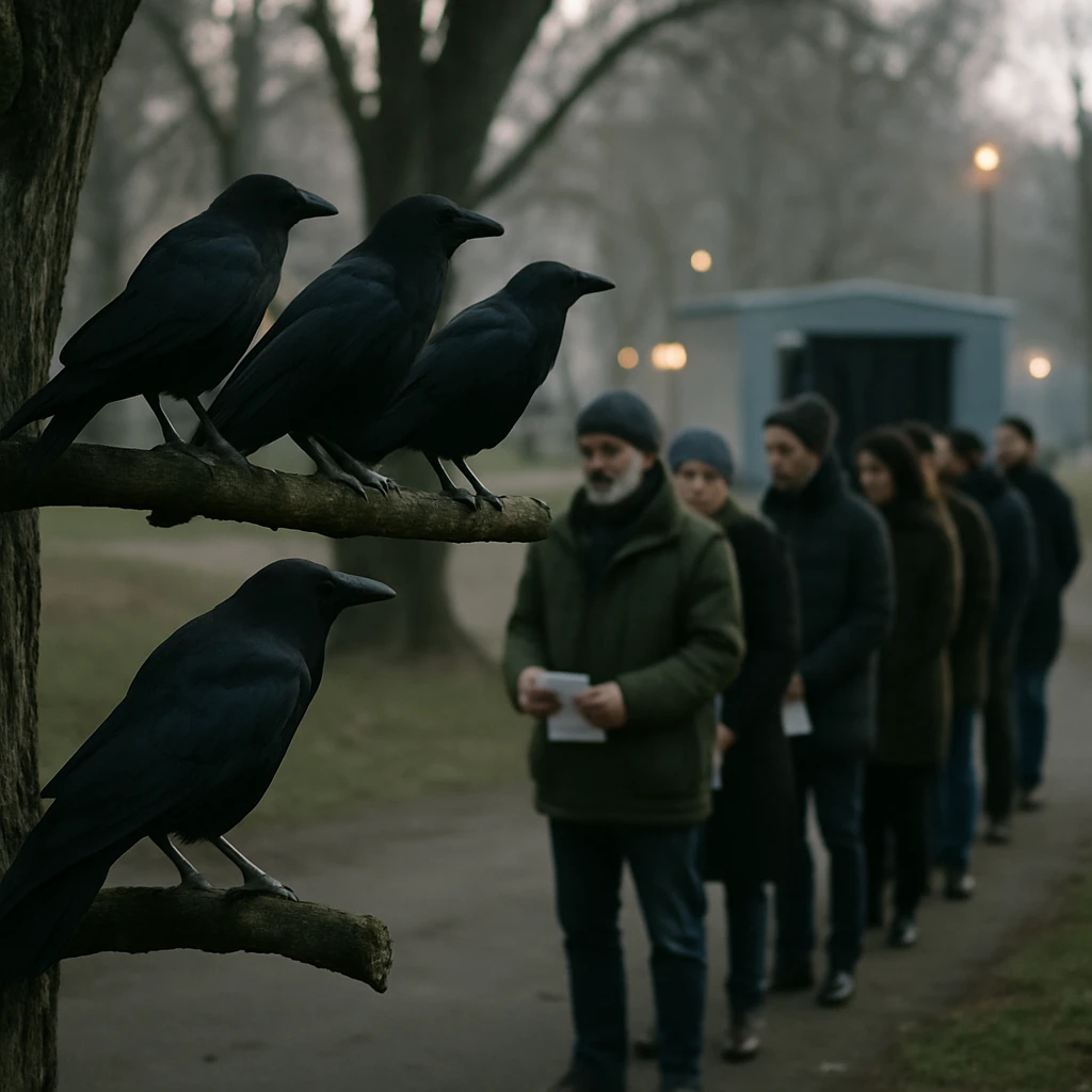 公園の木の枝の上からカラスたちが投票所に列を作る人々を観察している様子の写真。