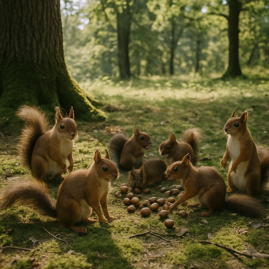 朝の光が差し込むオークの森で、複数のリスたちが苔むした地面に集まりどんぐりを囲む様子の写真。
