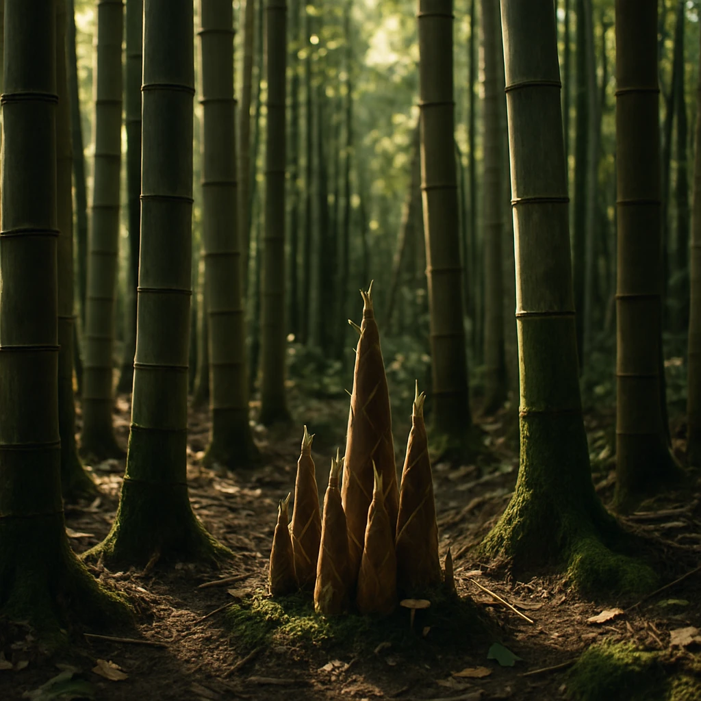 竹林の中で日差しが差し込み、若い竹や苔、きのこが根元に生える様子を写した写真。