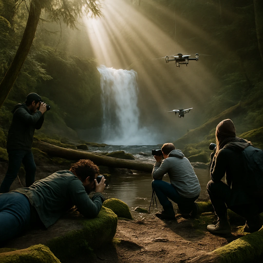 苔むした滝の周りで朝日が差し込む中、カメラやドローンを使って水面リフレクションを撮影する人々のグループを写した写真。