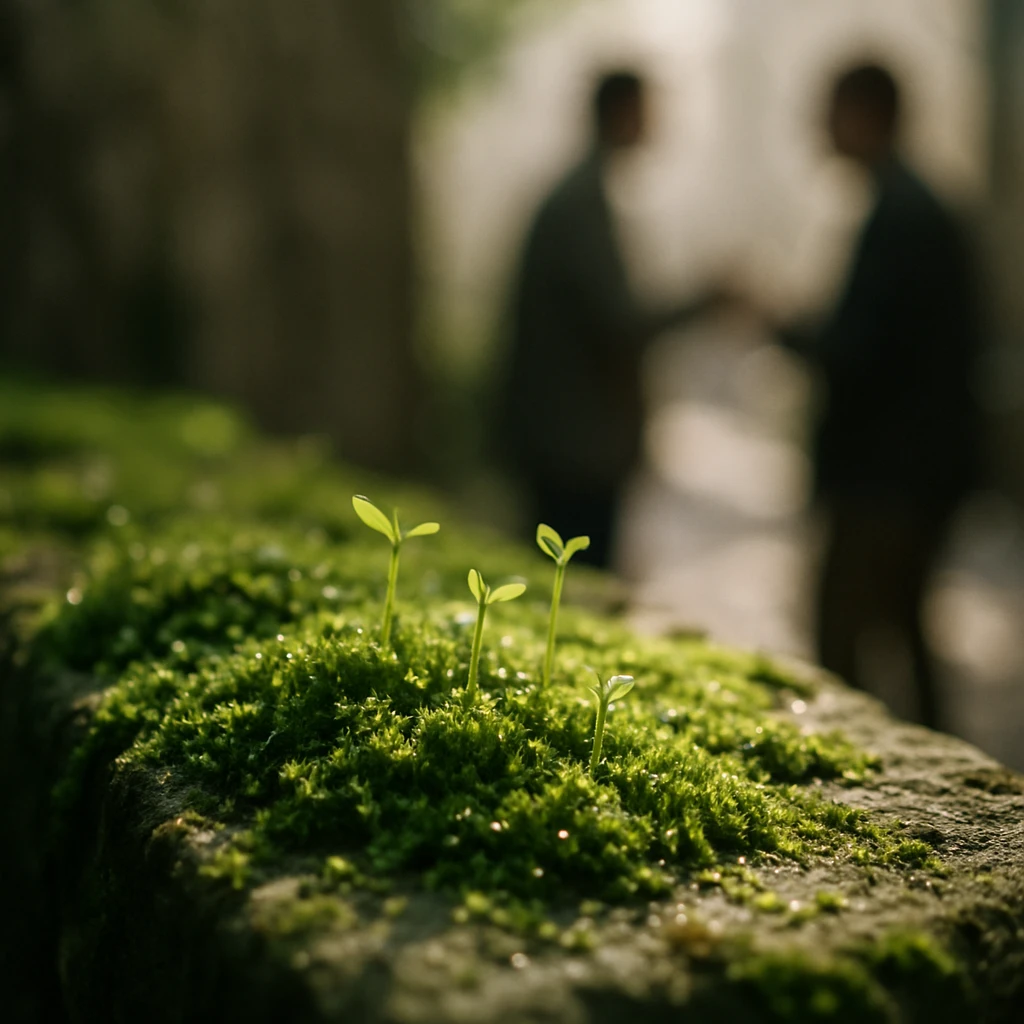 石垣の日陰で青々とした苔パッチが新芽とともに水滴をまとっている様子。