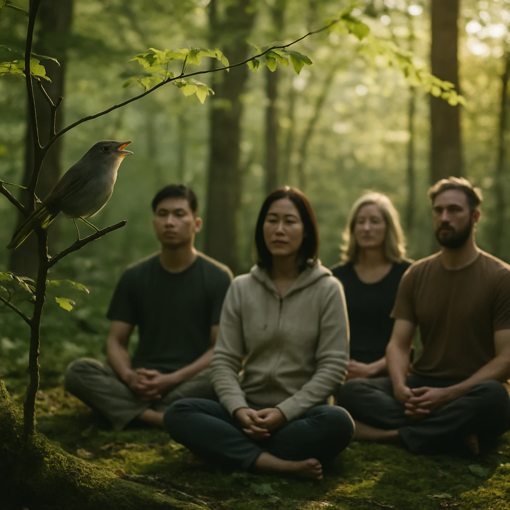 早朝の森でウグイスのさえずりを聴きながら静かに座る人々の様子。