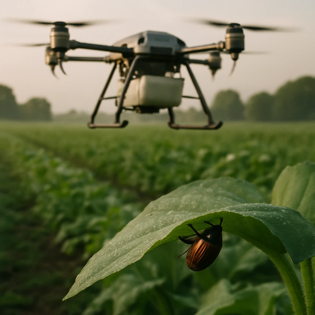朝露に濡れた畑の葉の裏にコガネムシが止まり、その奥を低空でドローンが飛行している場面の実写風写真。