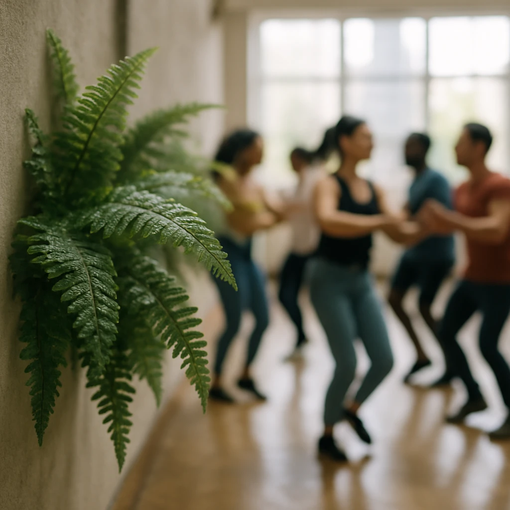 ダンススタジオの壁に生えた青々としたシダ越しに、背景でサルサを踊る人々が見える写真。