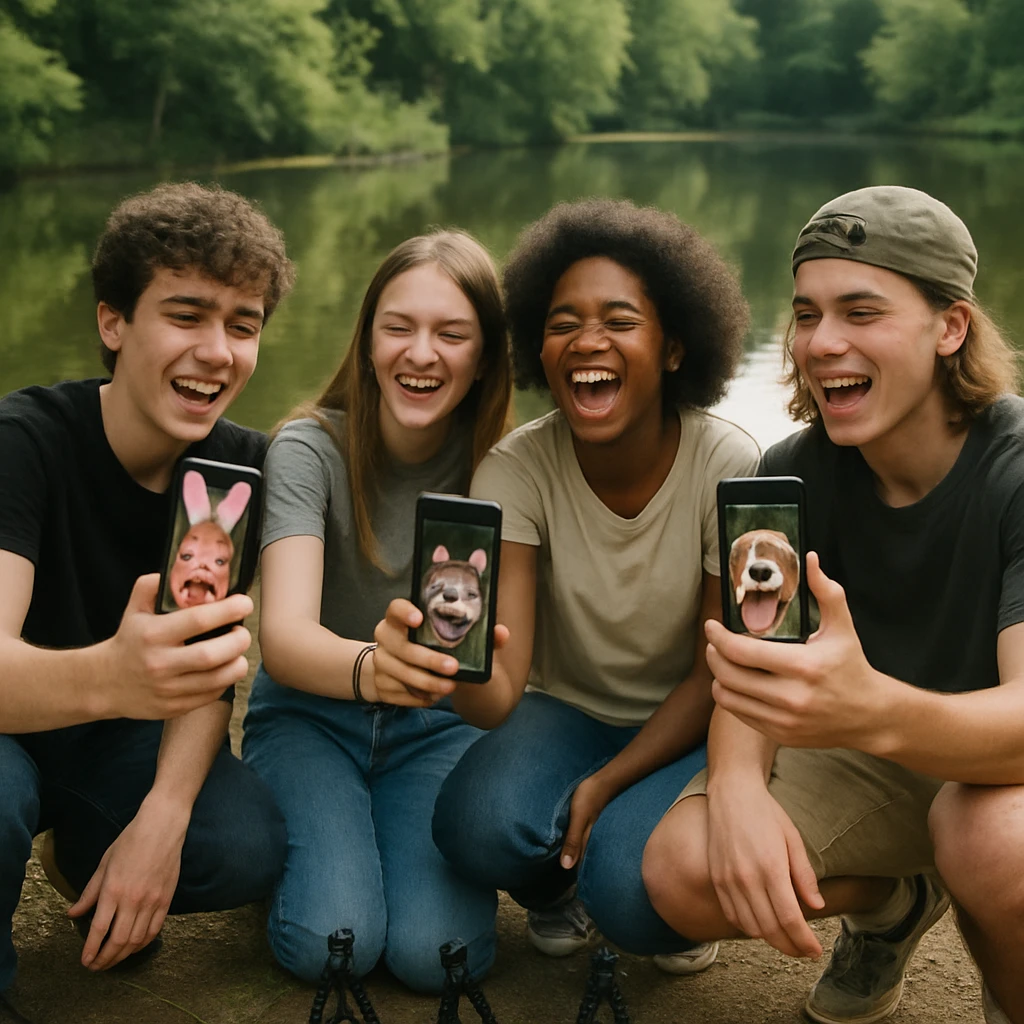 池のほとりでスマートフォンを操作しフィルター遊びを楽しむ若者たちの様子を写した写真。